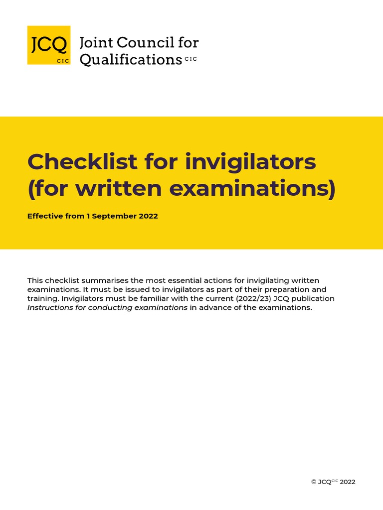 JCQ Checklist For Invigilators Written Examinations Final Version PDF