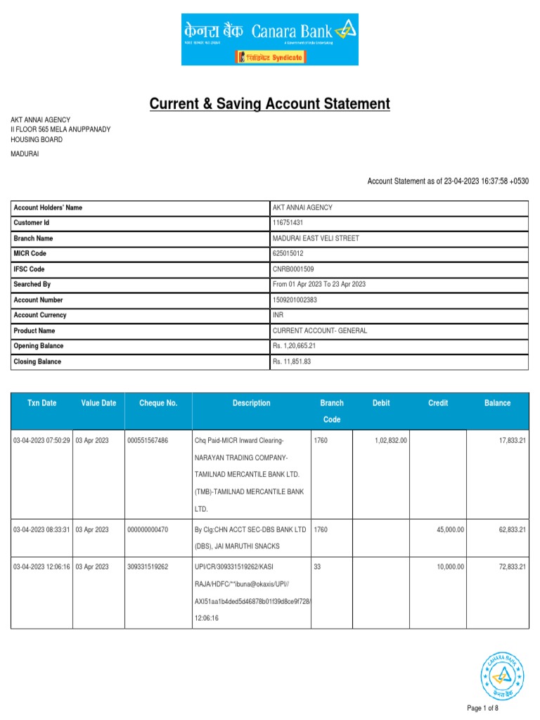 Current & Saving Account Statement Akt Annai Agency Ii Floor 565 Mela Anuppanady Housing Board