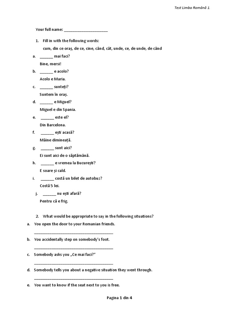 Romanian Language Test Level 1 Empty | PDF