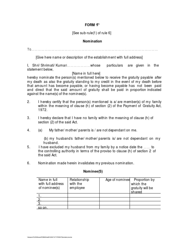 Gratuity Form F Nomination. | PDF