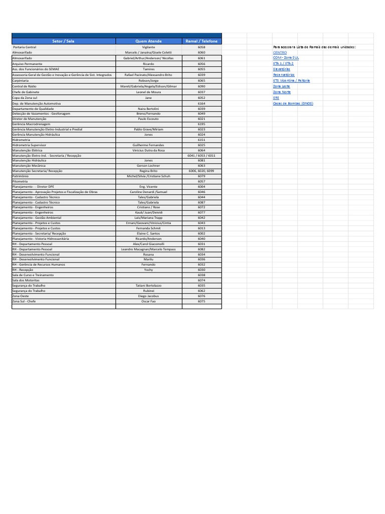 Lista de Ramais - Oficial Do SEMAE - COM - Zona SUL | PDF | Business