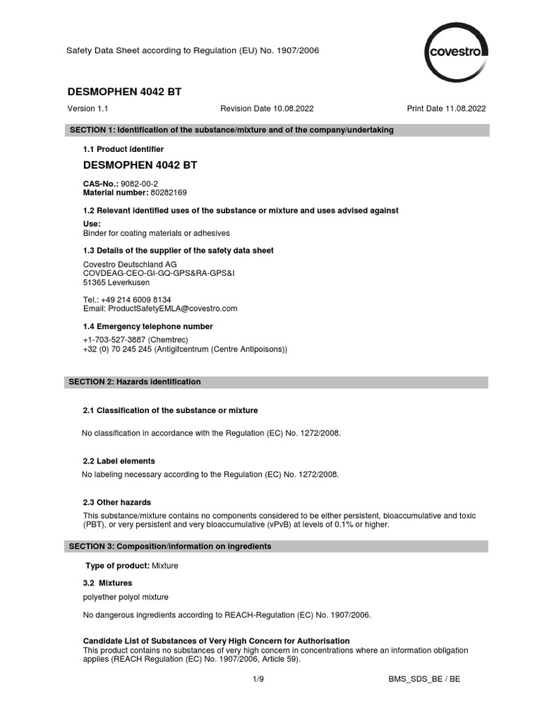 Desmophen 4042 BT | PDF | Dangerous Goods | Toxicity
