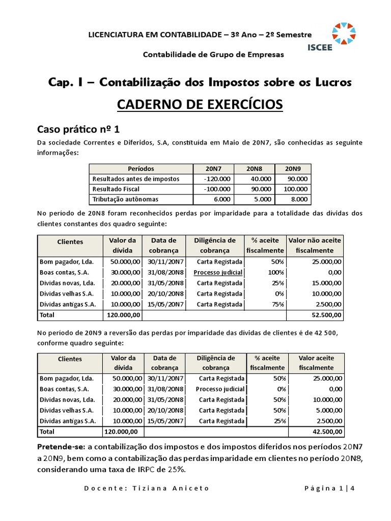 Caderno de Exercícios: Cap. I - Contabilização Dos Impostos Sobre Os ...