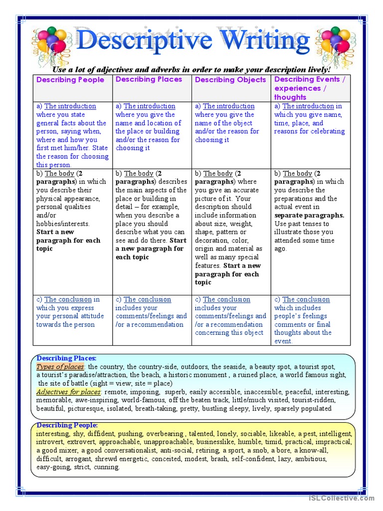 Descriptive Writing Worksheet | PDF | Language Arts & Discipline ...