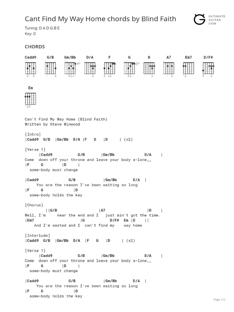 Cant find my way home chords pdf