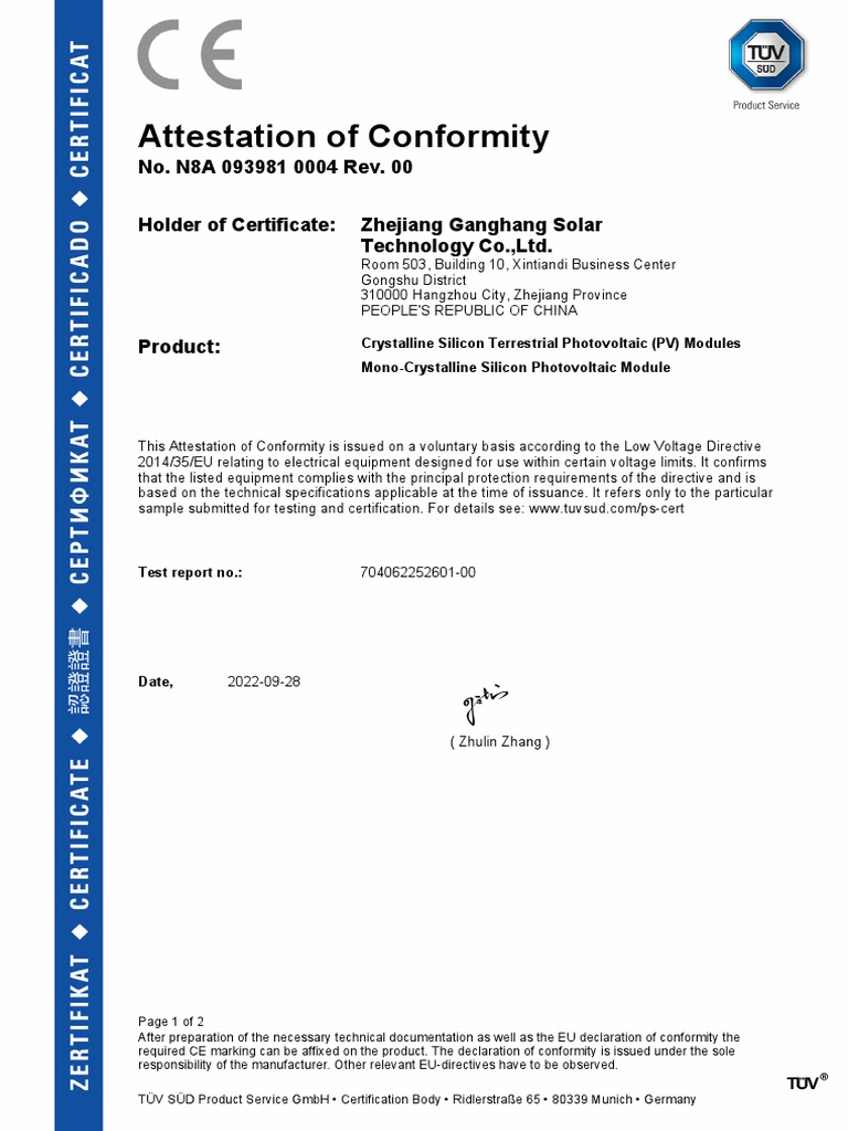 CE Certification for Solar Modules | PDF | Photovoltaics | Electrical ...