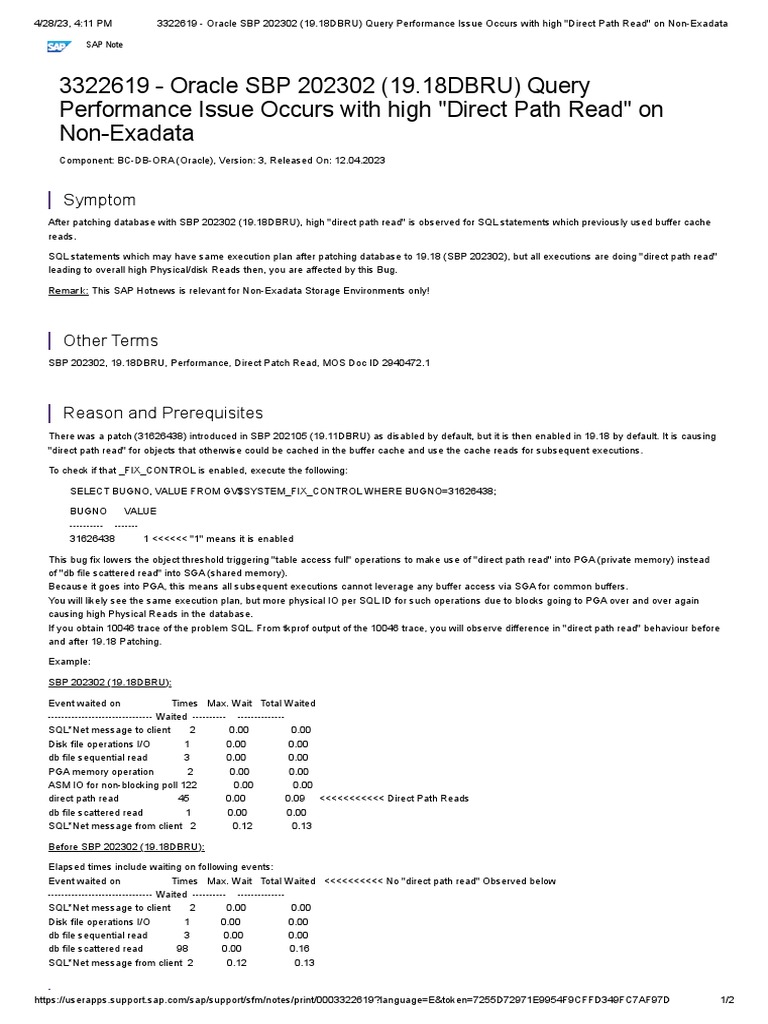 Oracle SBP 202302 (19.18DBRU) Query Performance Issue Occurs With High Direct Path Read On