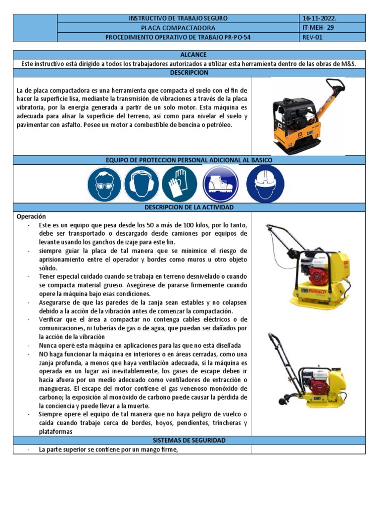 Instructivo de Uso Seguro de Placa Compactadora | PDF | Tecnología