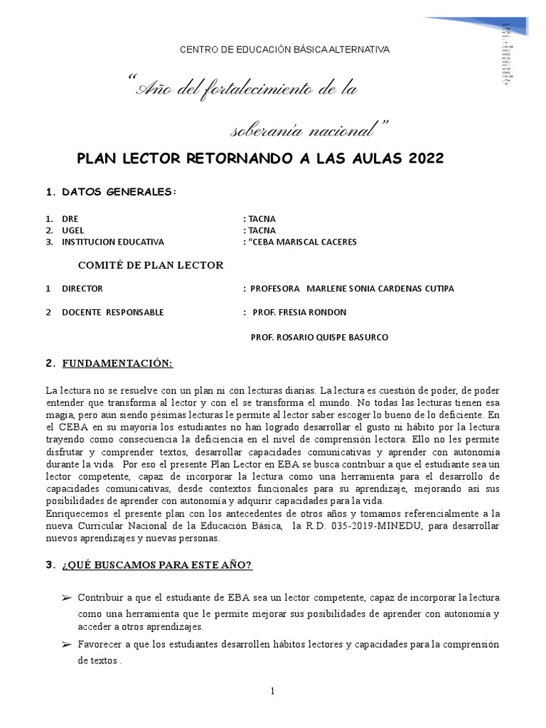 Plan Lector 2022: Fomento de la Lectura | PDF | Comprensión lectora ...