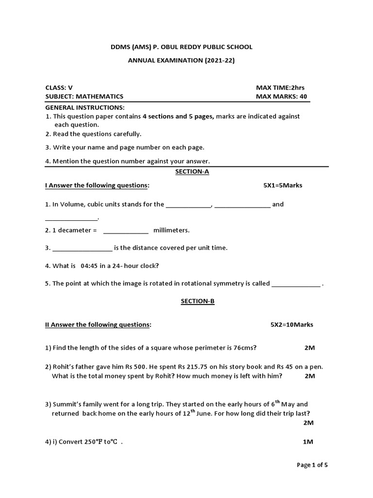Class V Math Exam Paper 2021-22 | PDF
