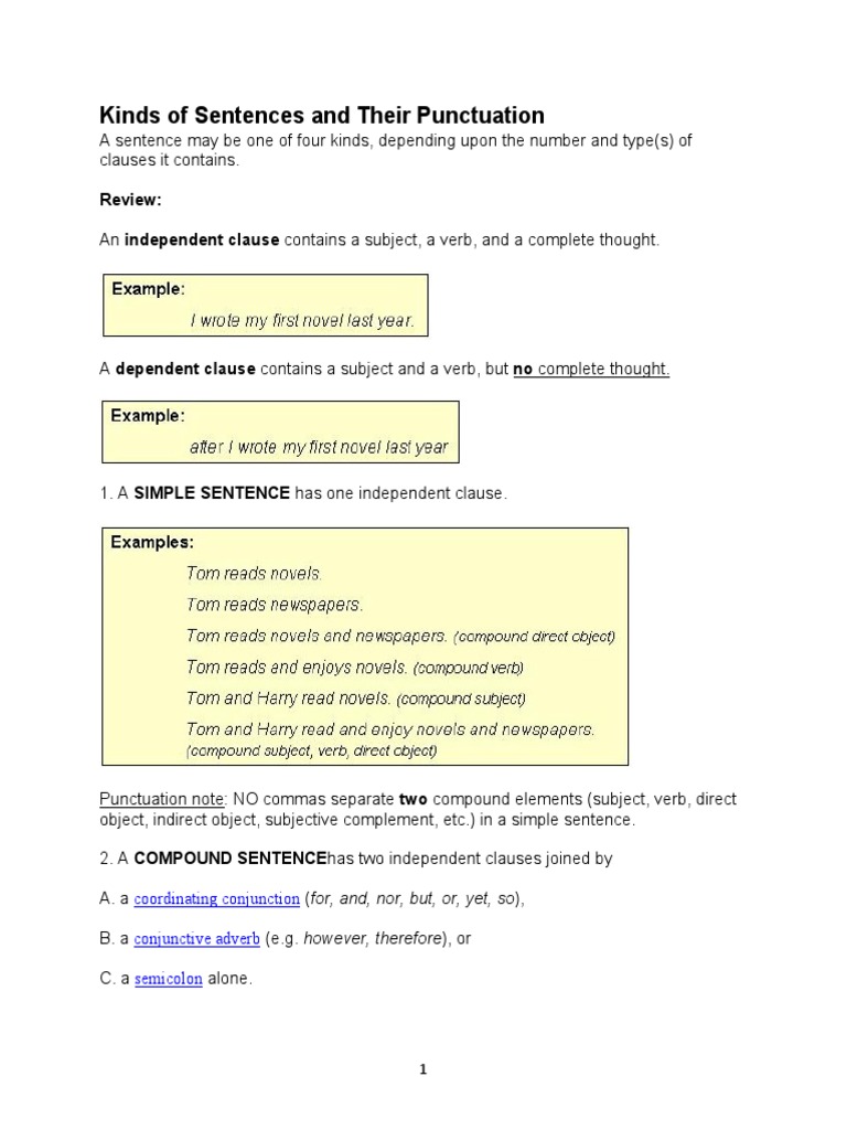 Kinds of Sentences and Their Punctuation Coordinating Conjunction