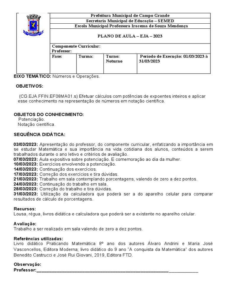 Modelo de Plano de Aula Eja | PDF