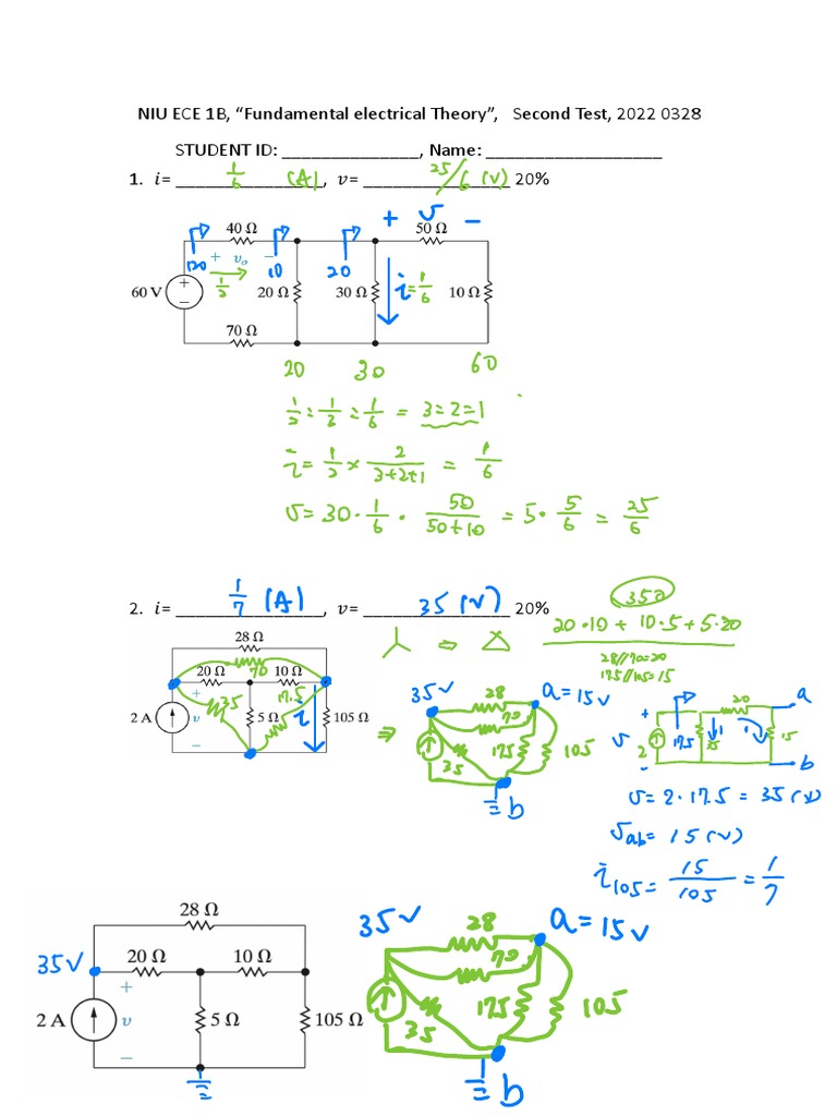 NIU ECE 1B, "Fundamental Electrical Theory", Second Test, 2022 0328