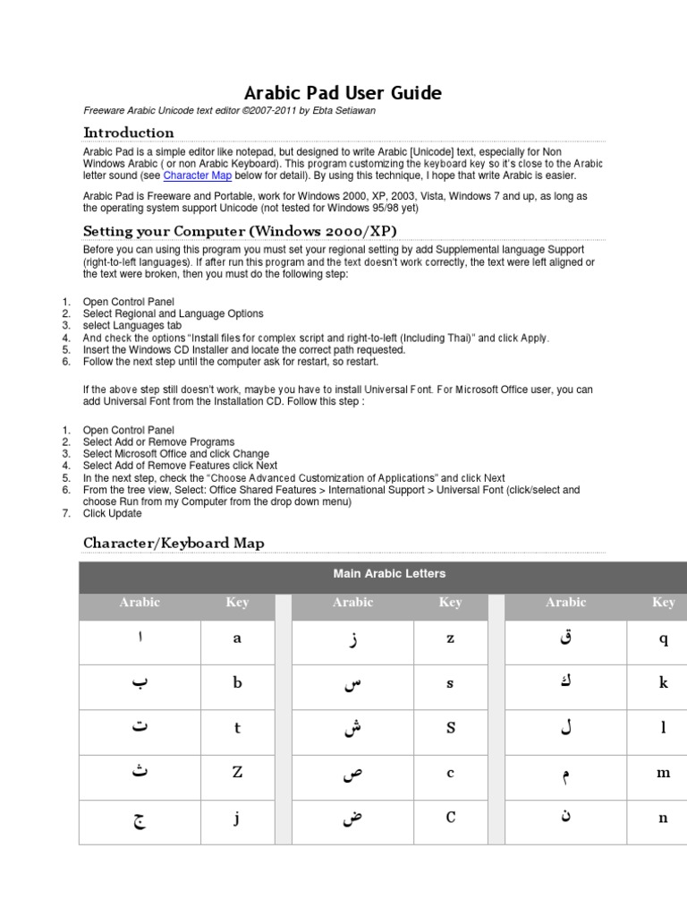 Arabic Pad User Guide Microsoft Windows System Software Free 30