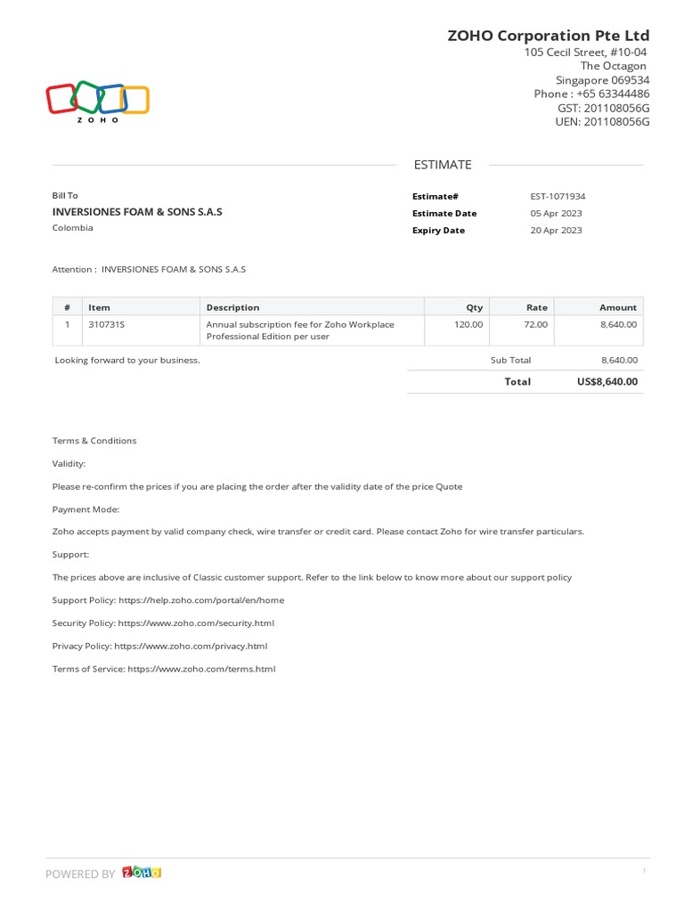Zoho corporation pte ltd estimate estimate pdf annual percentage