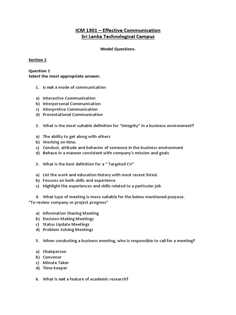 ICM 1301 Effective Communication Exam Guide | PDF