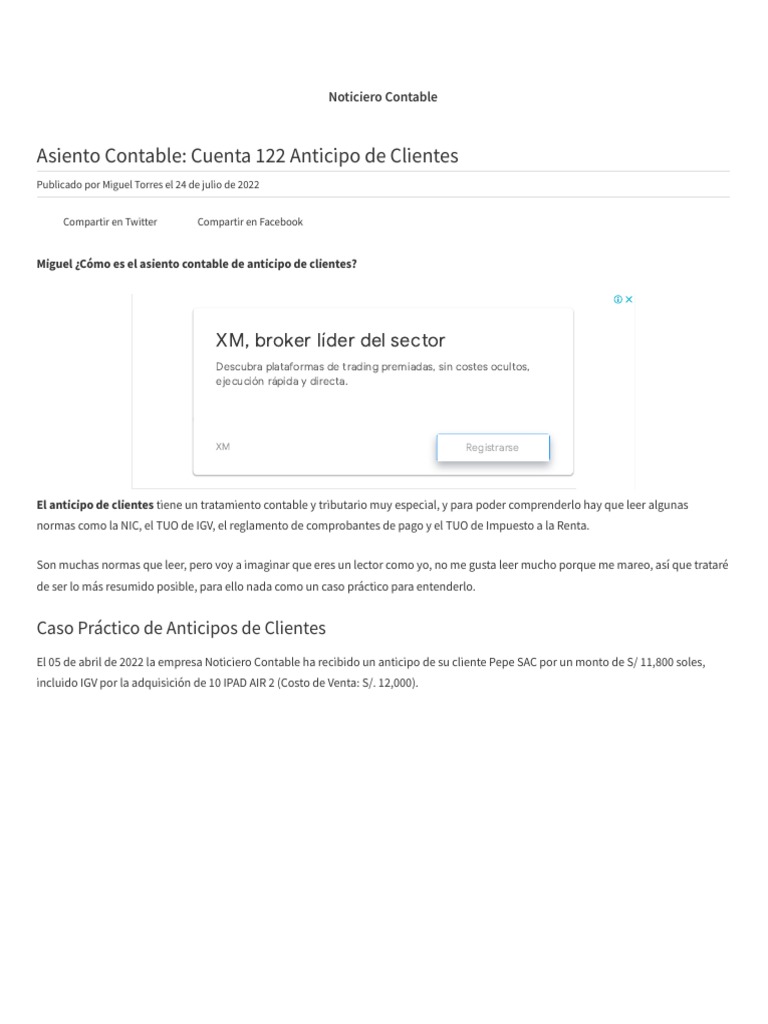 Asiento Contable Cuenta 122 Anticipo de Clientes PDF Factura