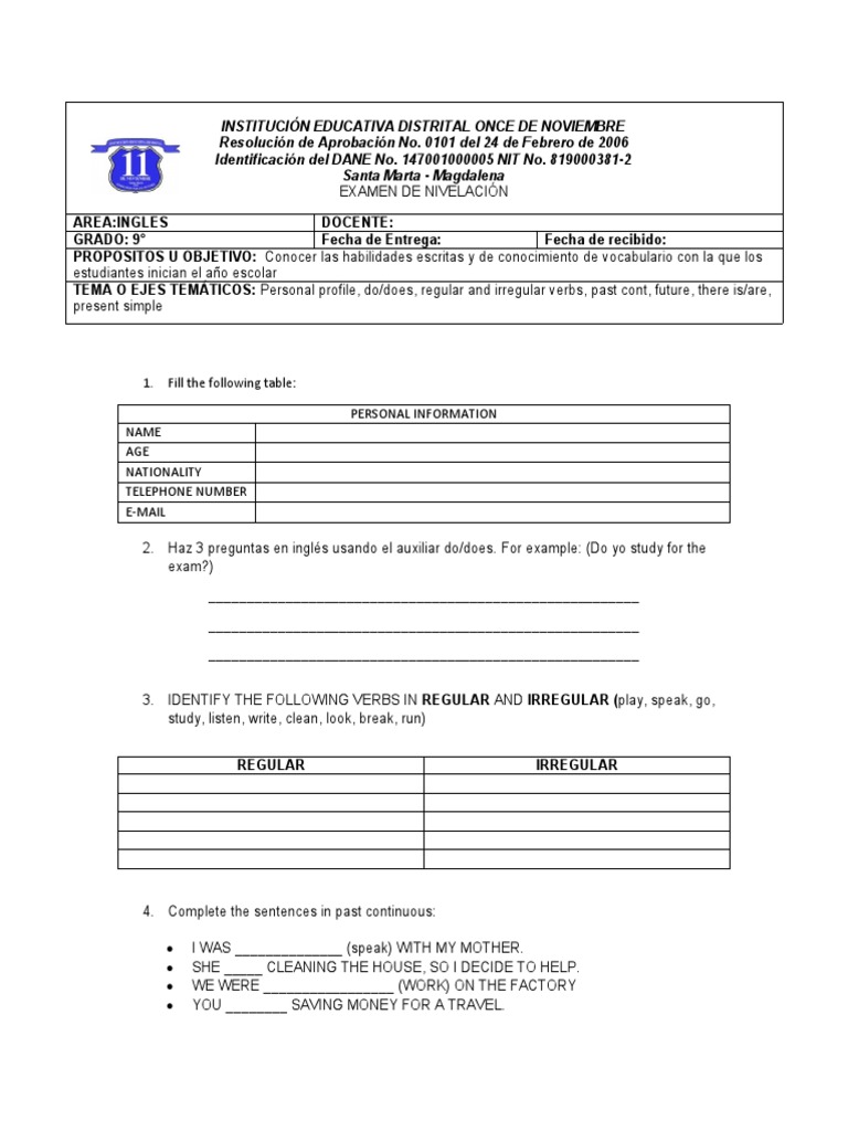 English Leveling Exam for 9th Grade | PDF | Language Mechanics ...