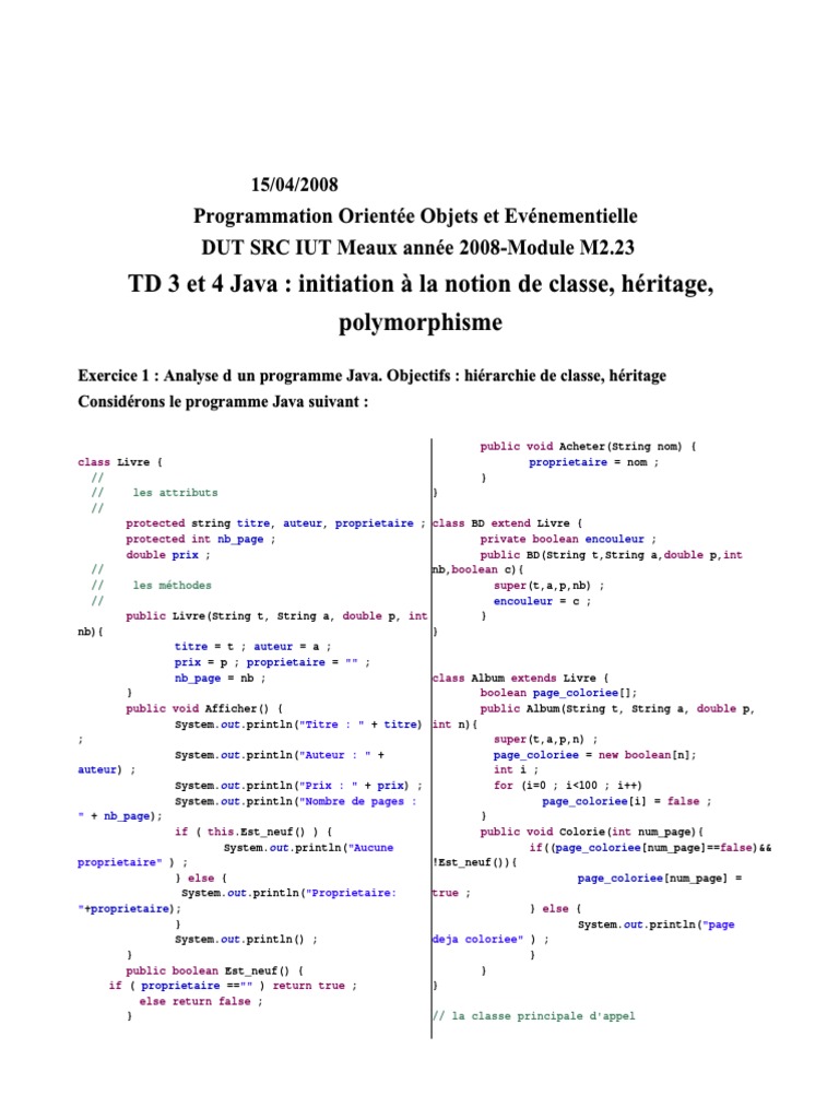 TD 3 Et 4 Java: Initiation À La Notion de Classe, Héritage ...