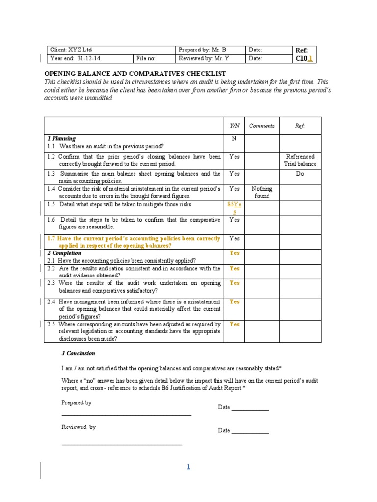 Opening Balance Audit Checklist | PDF | Financial Audit | Audit