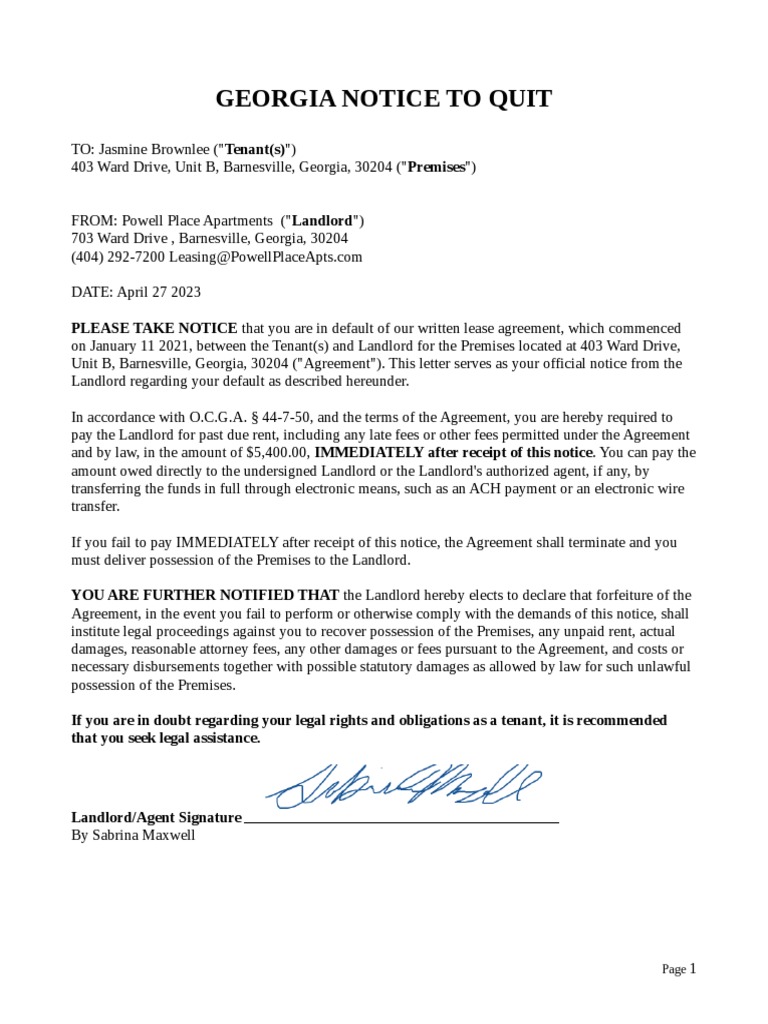 Notice To Quit PDF Landlord Leasehold Estate