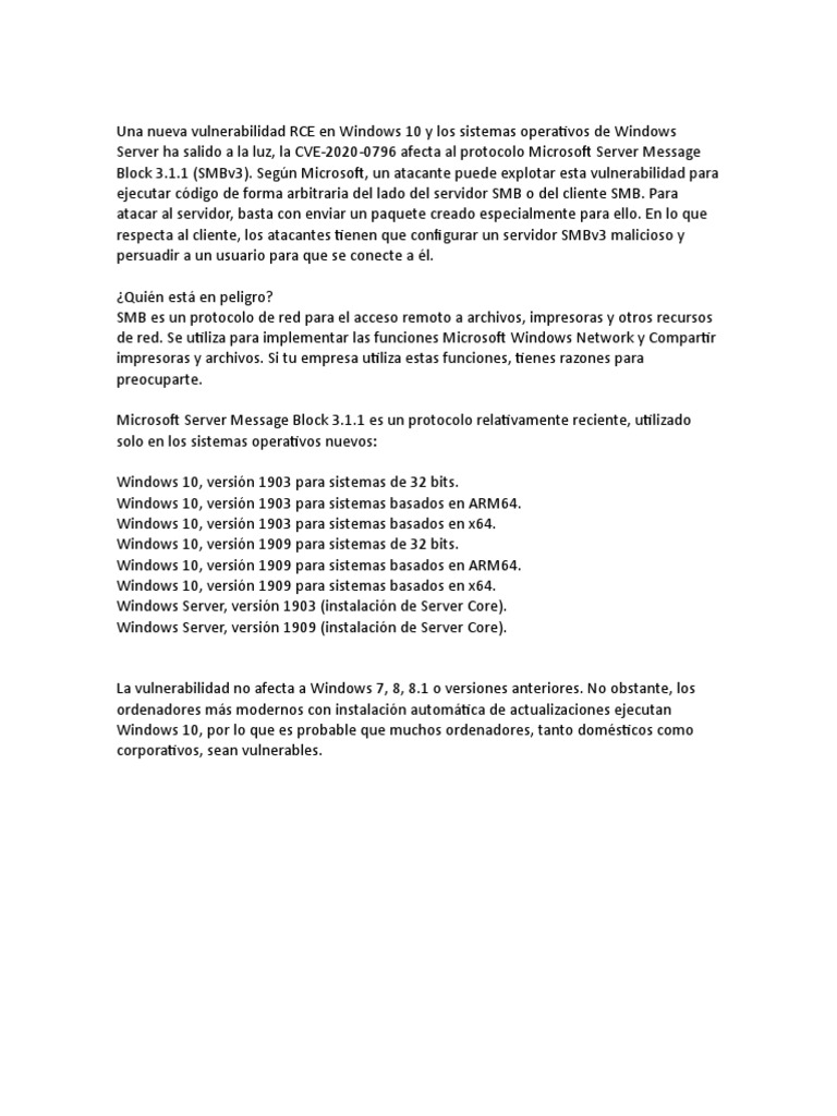 Vulnerabilidad RCE en Windows 10 SMB | PDF | Tecnología