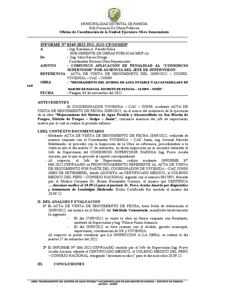 Inf #349-Ing Jgo - Comunico Aplicacion de Penalidad | PDF | La ...