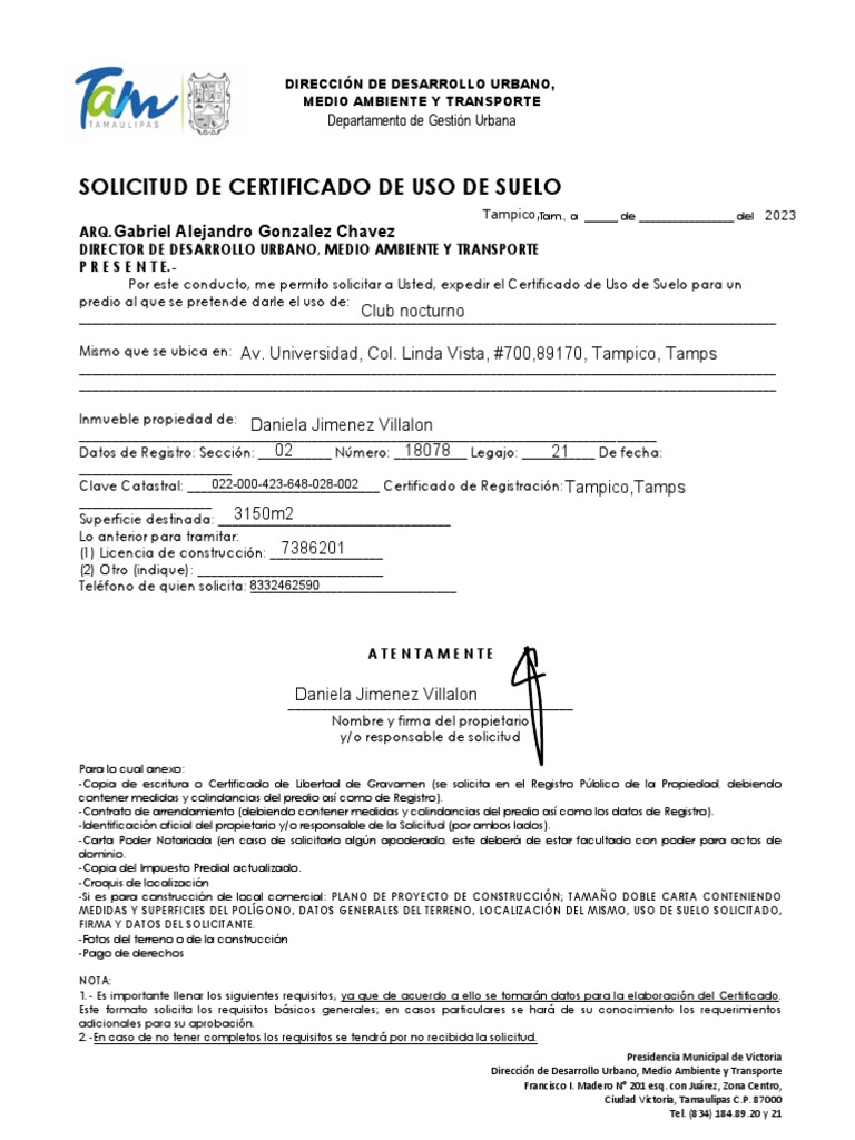 Certificado De Uso De Suelo Pdf