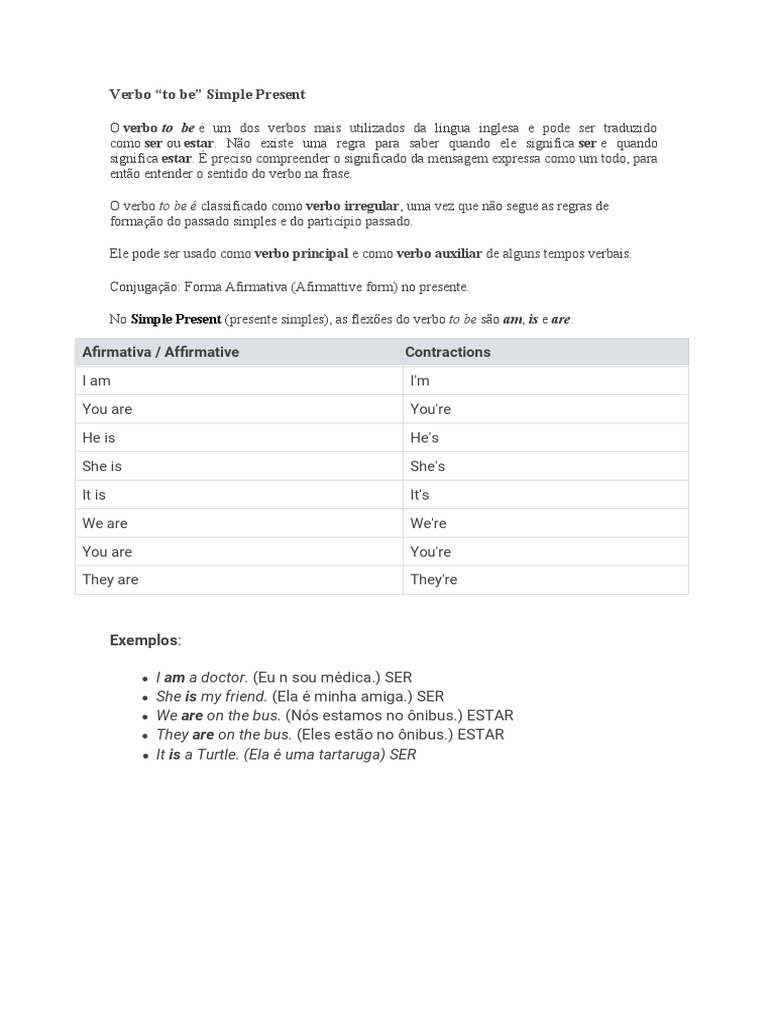 Aula Sobre Verbo To Be - Forma Afirmativa | PDF