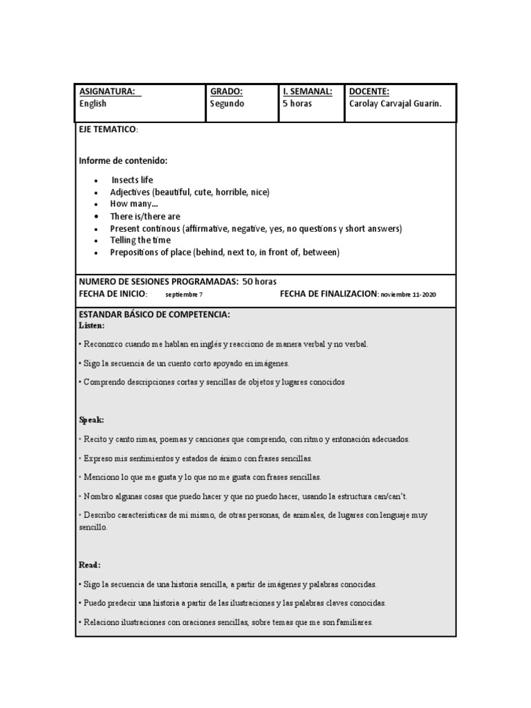 Grado Segundo English Planeations 4th Period PDF Ciencia cognitiva