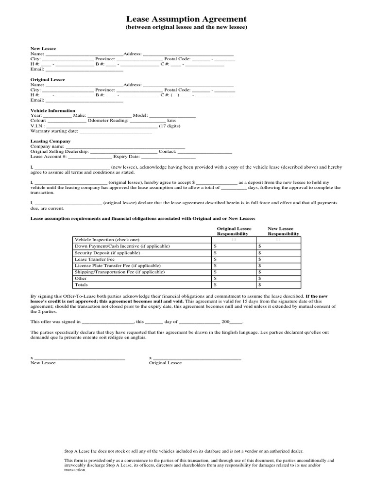 Assumption Agreement For Lease PDF
