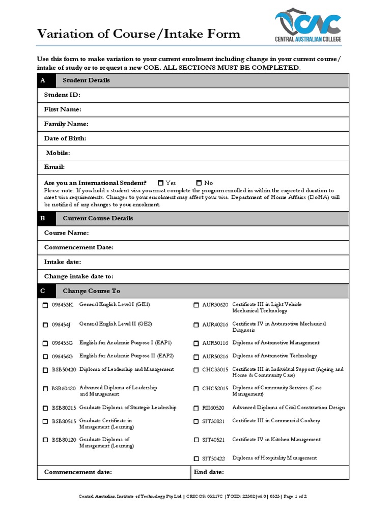 Variation of Course - Intake Form v6.0 | PDF