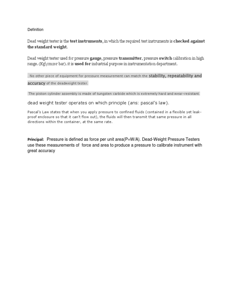 Dead Weight Tester: Calibration Explained | PDF | Teaching Methods ...