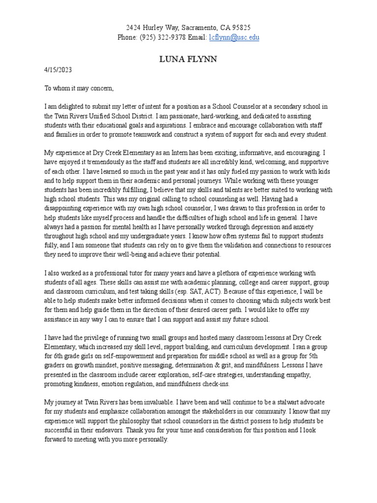 letter of intent twin rivers unified school district secondary school counselor PDF School