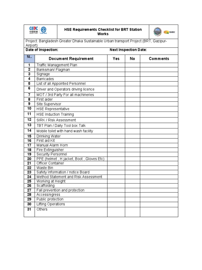 HSE Checklist for BRT Station Works | PDF