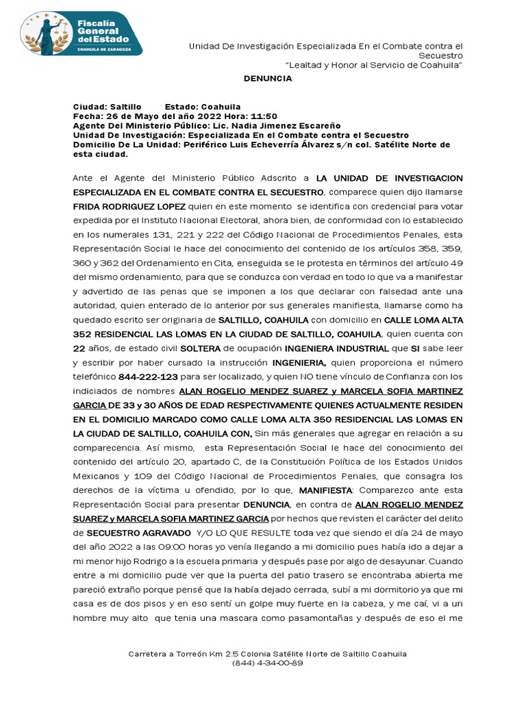 Denuncia ejemplo secuestro pdf