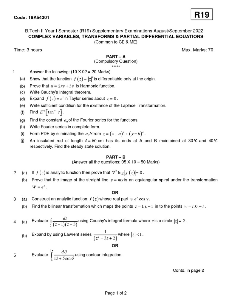 19A54301 Complex Variables, Transforms & Partial Differential Equations ...