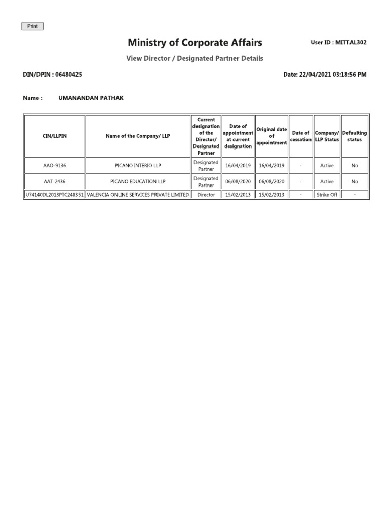Detail of llp s and or company s in which partner designated