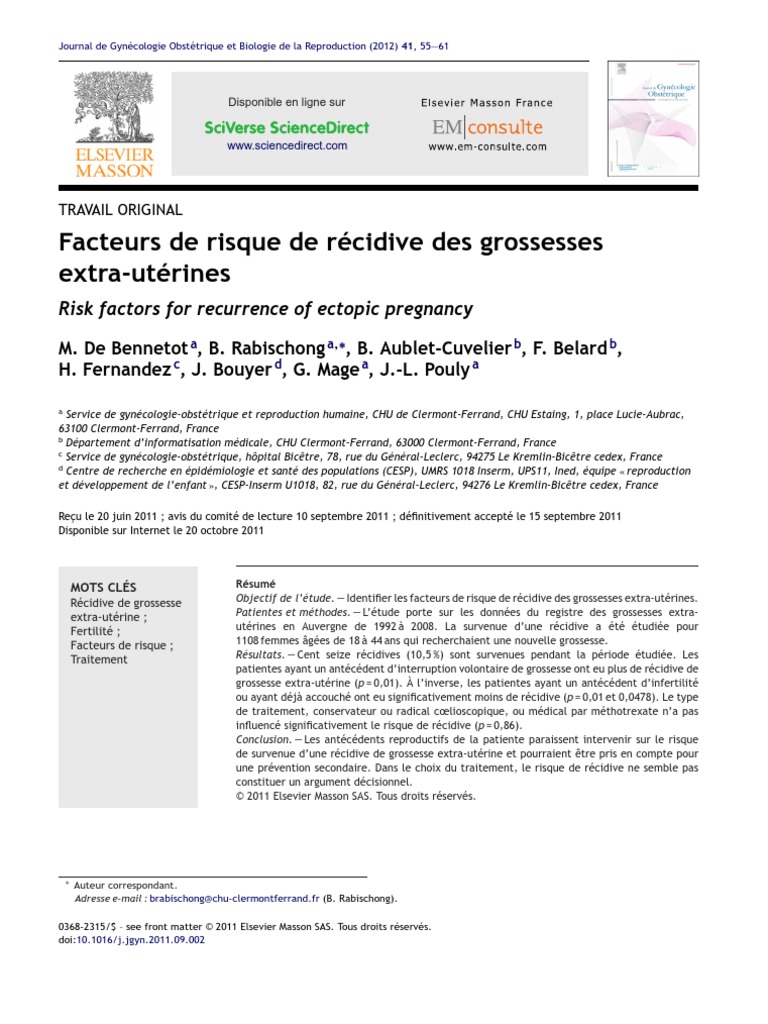 Facteurs de Risque de Récidive Des Grossesses Extra-Utérines | PDF ...