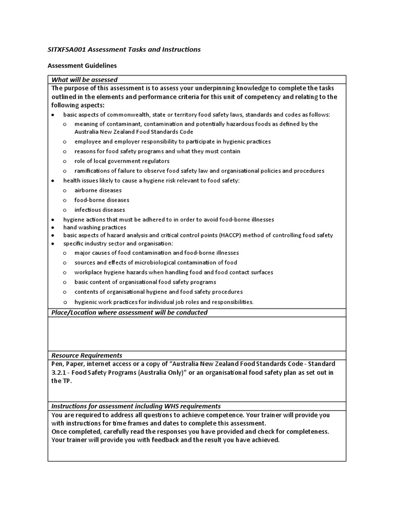 SITXFSA001 Assessment Tasks and Instructions-Aakash | PDF | Food Safety ...