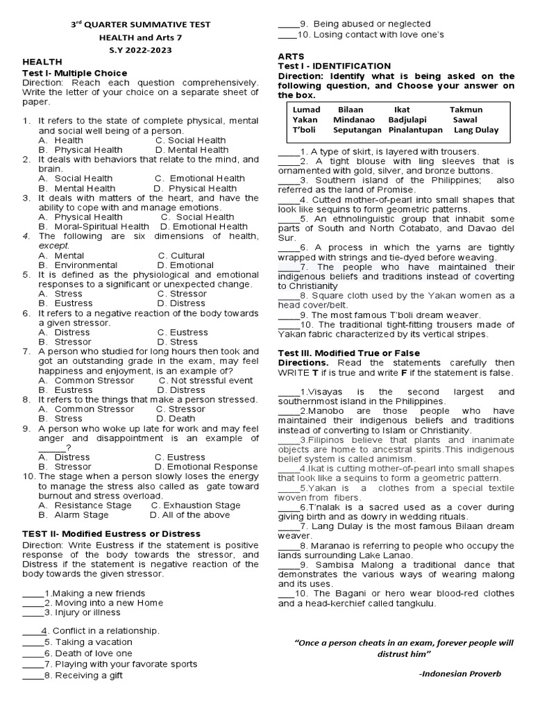 3rdQUARTERSUMMATIVETEST in Arts and Health PDF Stress (Biology
