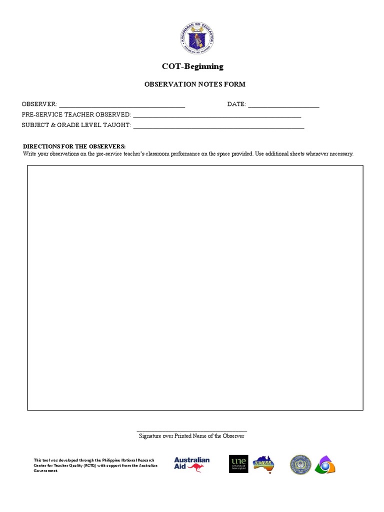 Cot beginning observation notes form pdf