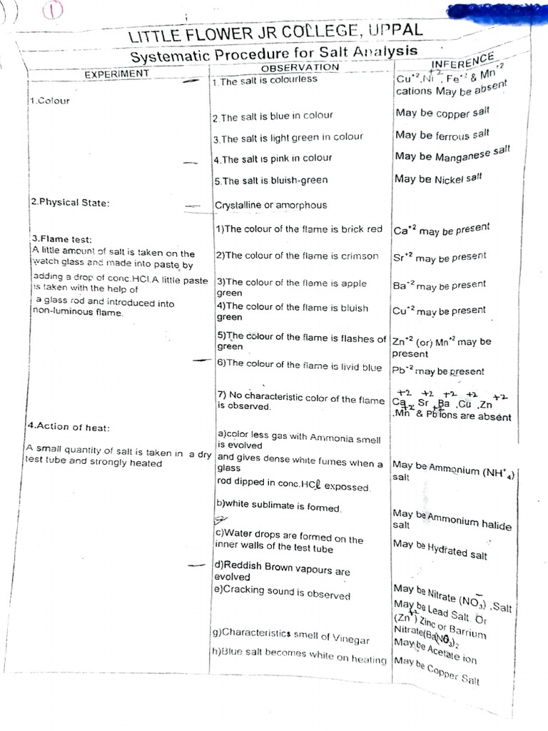 Class 12 Salt Analysis Procedure | PDF | Salt (Chemistry) | Hydroxide