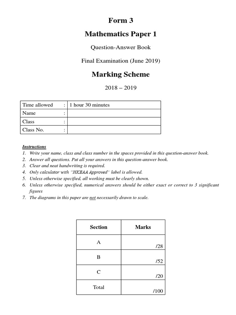 Form 3 Mathematics Paper 1: Question-Answer Book Final Examination ...