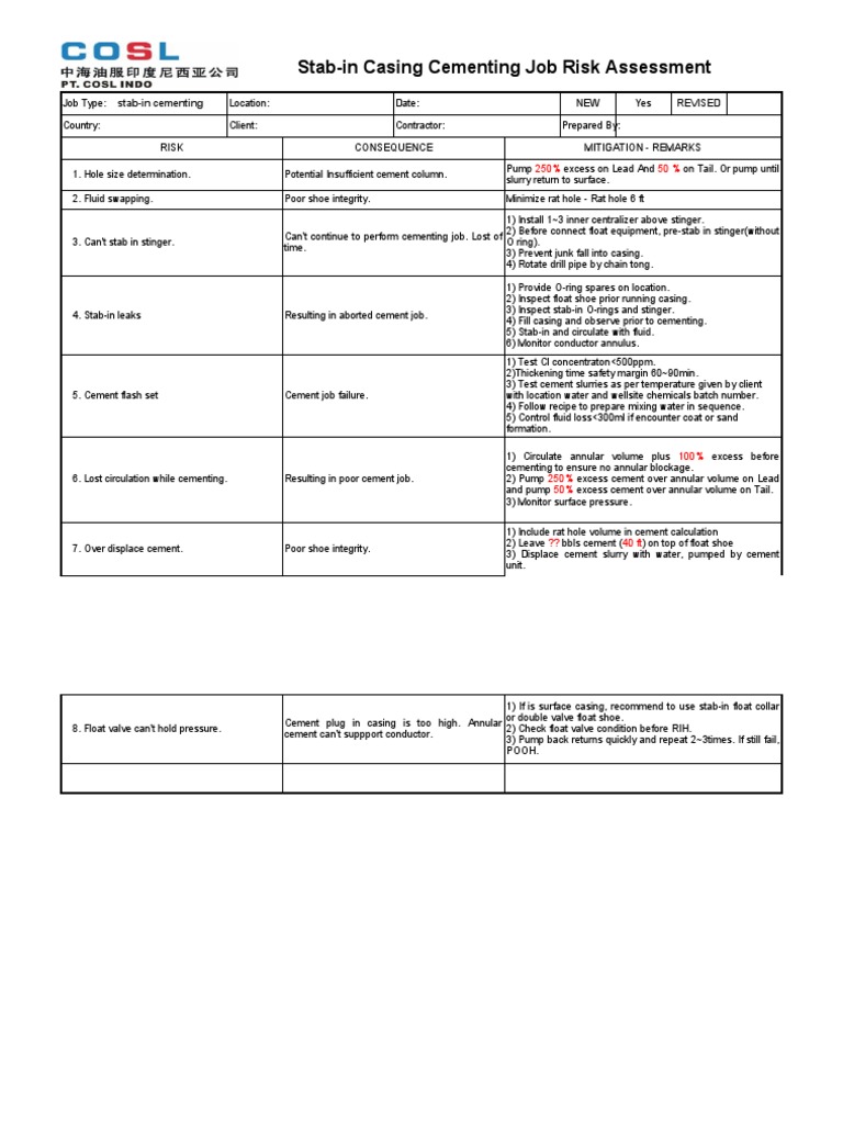 Stab-In Casing Cementing Job Risk Assessment | PDF | Casing (Borehole ...