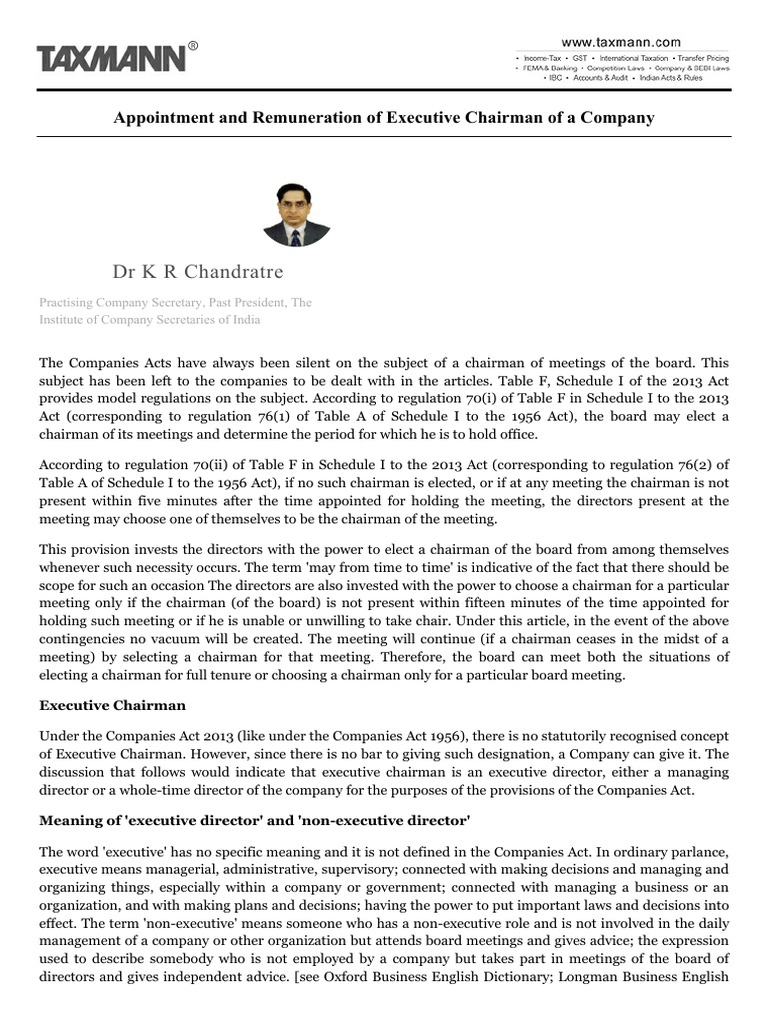 Appointment and Remuneration of Executive Chairman of A Company Appointment and Remuneration of