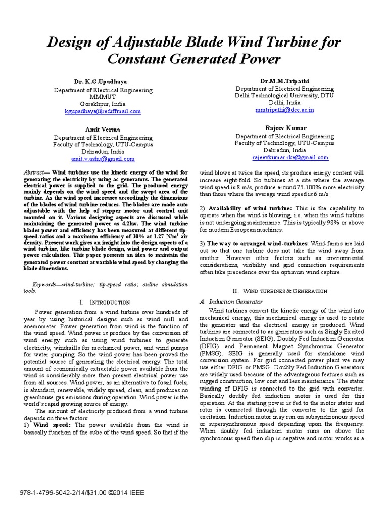 Adjustable Blade Wind Turbine Design | PDF | Wind Power | Wind Turbine