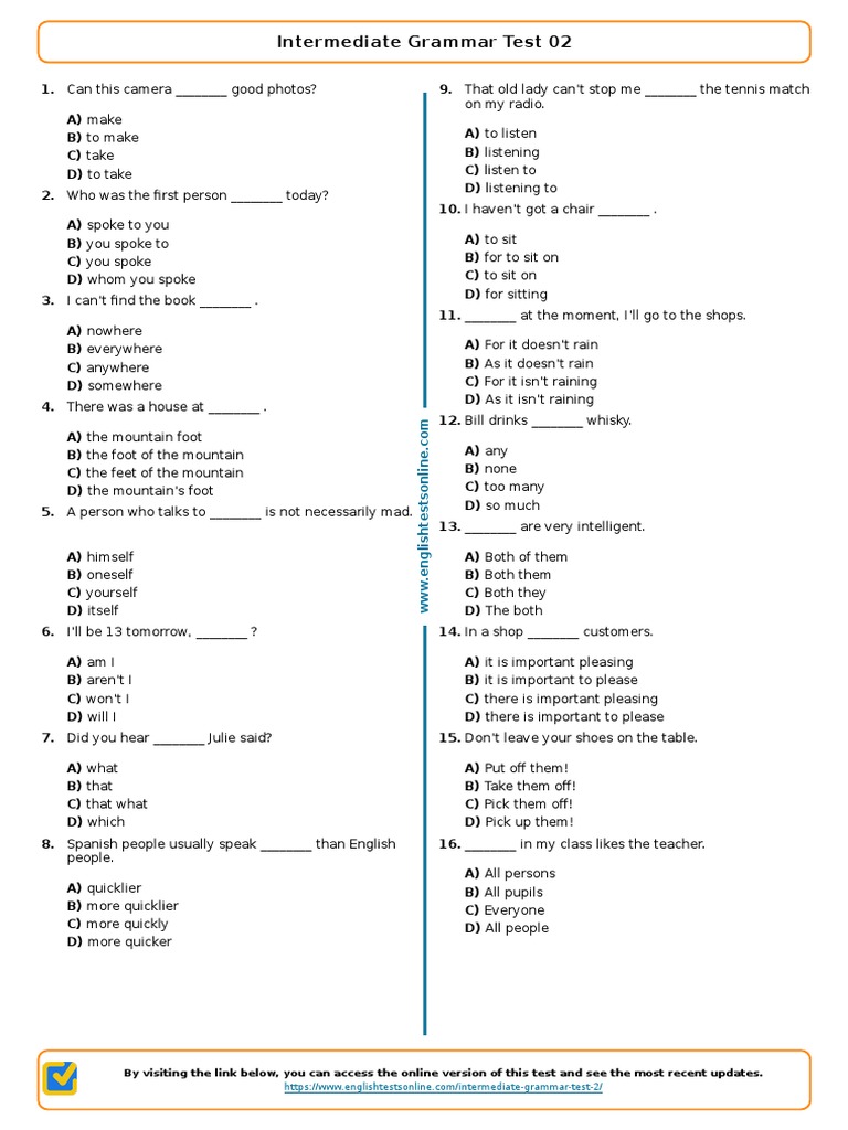 1563 - Intermediate Grammar Test 02 | PDF