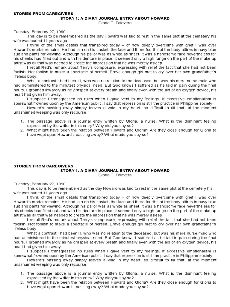Stories From Caregivers Story 1 A Diary Journal Entry About Howard PDF Nursing Building