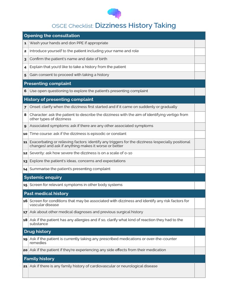 OSCE Checklist Dizziness History Taking PDF Vertigo Epidemiology